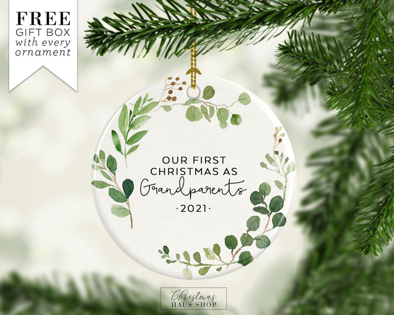 Family,Xmas round Porcelain Best memory Funny Gift for Birthday Our First As Great Grandparents Christmas Ornament,Greenery Leaves Branches Christmas Keepsake Decorations Present for Christmas Eve 