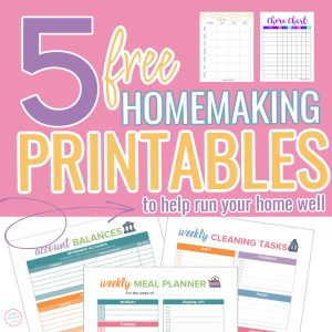 Graphic with text "5 Free Homemaking Printables to Help Run Your Home Well" on a pink background. It features images of printable pages: a chore chart, a weekly meal planner, a weekly cleaning tasks list, and an account balances sheet with colorful designs—perfect stay-at-home mom printables.