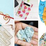 Collage of crafty gifts: gold heart-shaped paperclips, strawberry phone pouch, flip-flop socks with cat faces, handmade bookmarks with pressed flowers and names, a heart-shaped origami made from a dollar bill, and a puzzle featuring cartoon characters. Perfect flat gifts that are easy to mail!