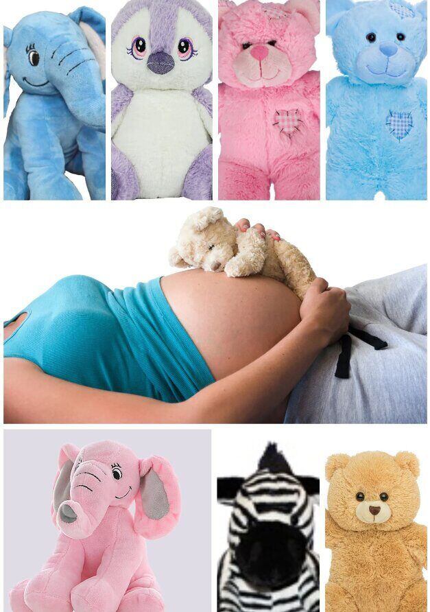 various stuffed animals above and below a woman's pregnant belly
