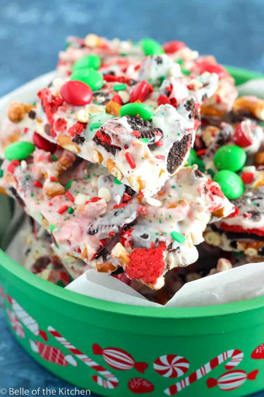 holiday candy bark cut into squares