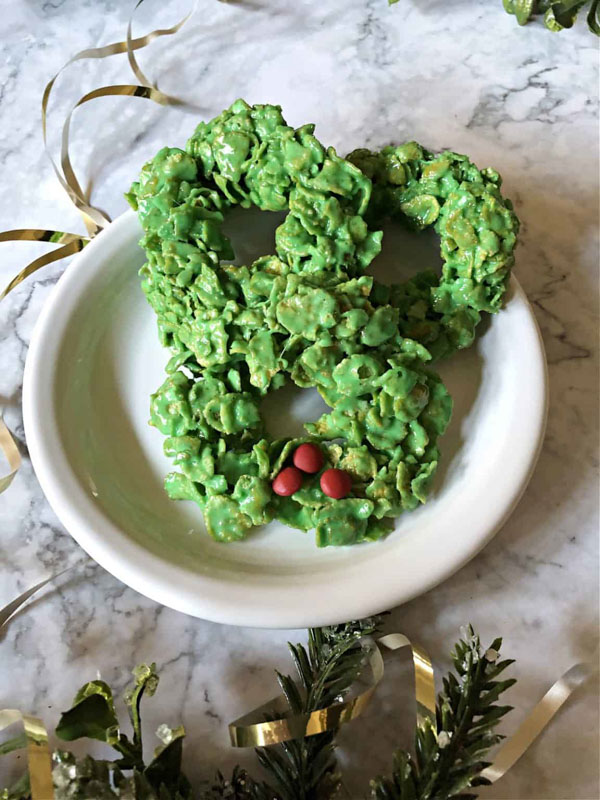 no bake holiday wreath treats on a plate