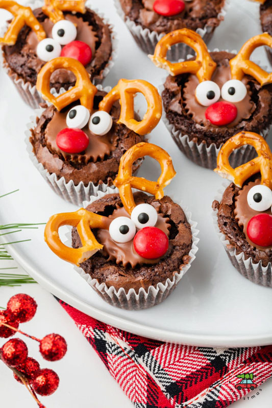 reindeer brownie bake sale treats with pretzels for antlers and candy eyes and nose