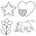 A black and white image showing four outlined drawings: a star with rays, two hearts (one striped and overlapping the other), a flower with five petals, and a triceratops standing near a plant with a cloud in the background—perfect cute designs for kids' easy coloring pages.