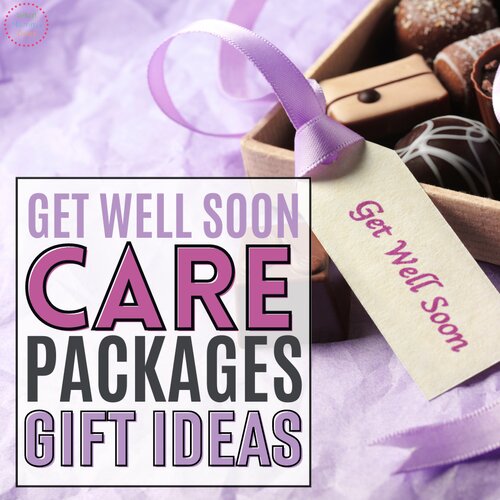 A close-up image of a "Get Well Soon" care package. The package contains chocolates wrapped neatly with a purple ribbon and a tag labeled "Get Well Soon." Text on the left side reads "Care Packages and Gift Ideas for Getting Well Soon.