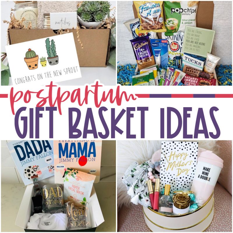 A collage of four postpartum gift basket ideas, featuring a variety of items like snacks, skincare products, humorous books, and practical postpartum care essentials. The center showcases red and purple text that reads "Postpartum Gift Basket Ideas.