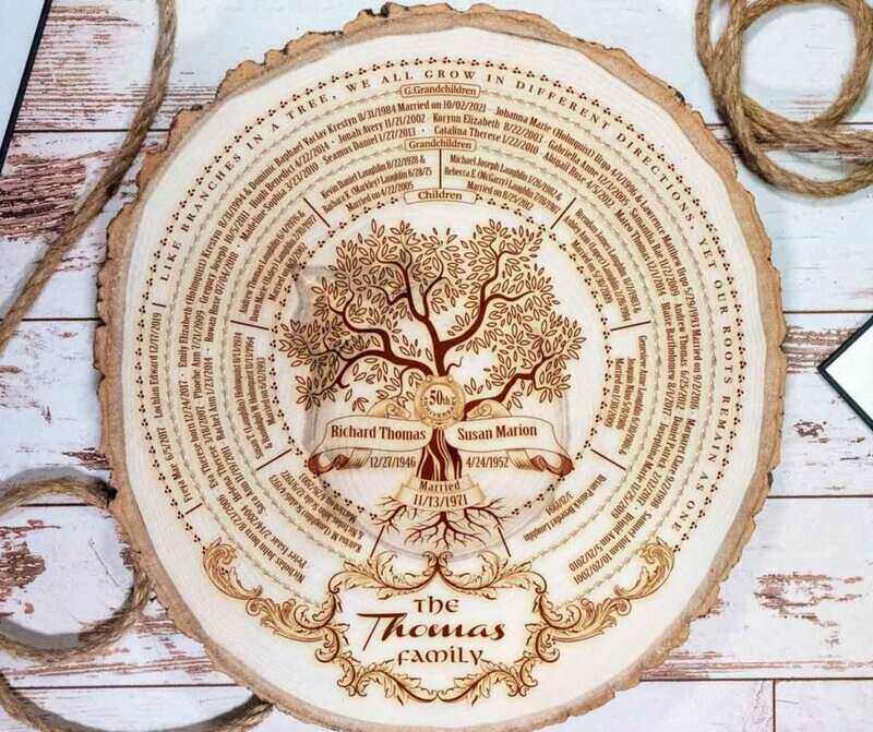 family tree carved into a piece of wood for a Mother's day gift