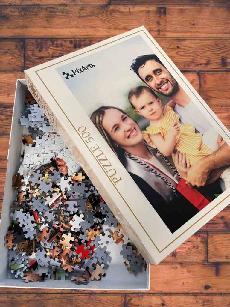 puzzle made from a family portrait that is a gift for a grandmother