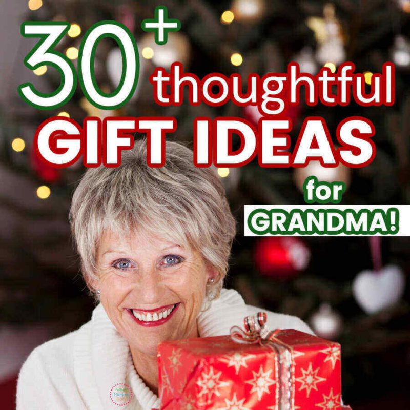 A smiling elderly woman with short grey hair is holding a wrapped gift in front of a decorated Christmas tree. Text reads "30+ thoughtful GIFT IDEAS for GRANDMA!" in large, colorful letters. Discover the perfect gifts for grandma this holiday season!