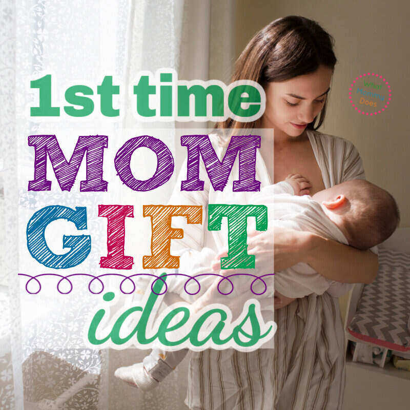 the words "1st time mom gift ideas" overlaid on an image of a mom holding an infant while standing in front of a window with light streaming in