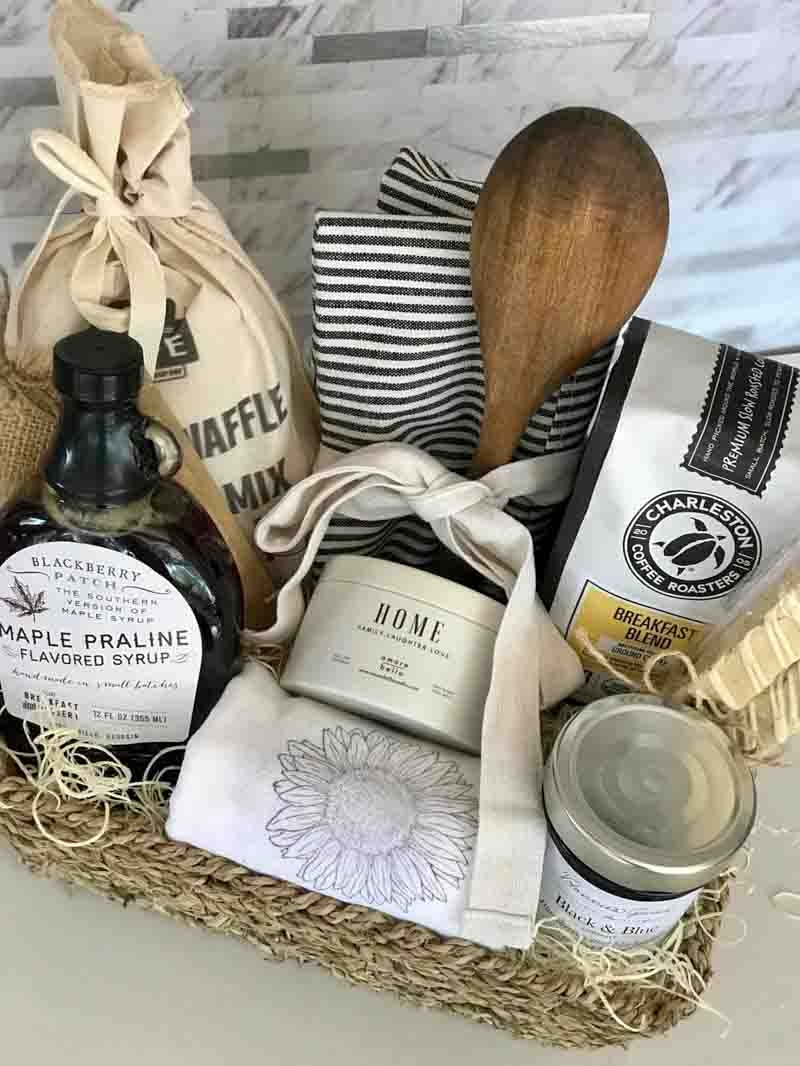 brunch basket with waffle mix, syrup and more for uplifting gift idea