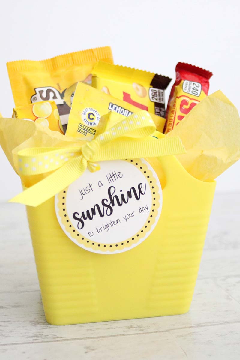 yellow bucket filled with all monochromatic candy for fun and easy gift ideas