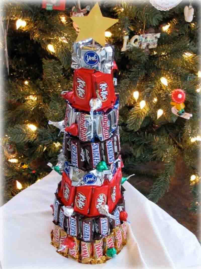 fun sized candy crafted together to form a small Christmas tree