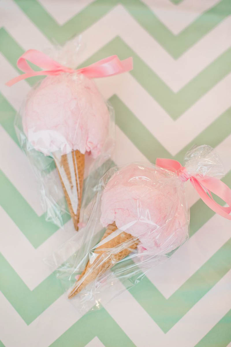 mini waffle cones filled with fluffy pink cotton candy