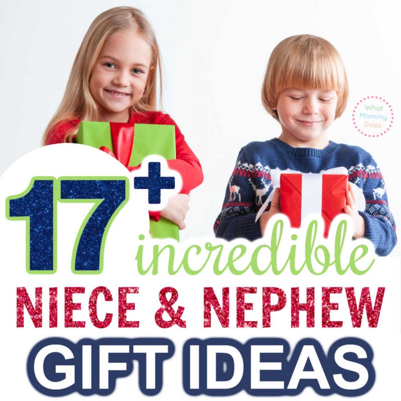 Two smiling children are holding wrapped gifts. The girl on the left holds a green and red present, and the boy on the right holds a red and white present. The image features the text "17+ incredible Gift Ideas for Nieces and Nephews.