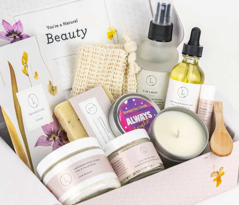 uplifting gift of face and body products with natural beauty bag