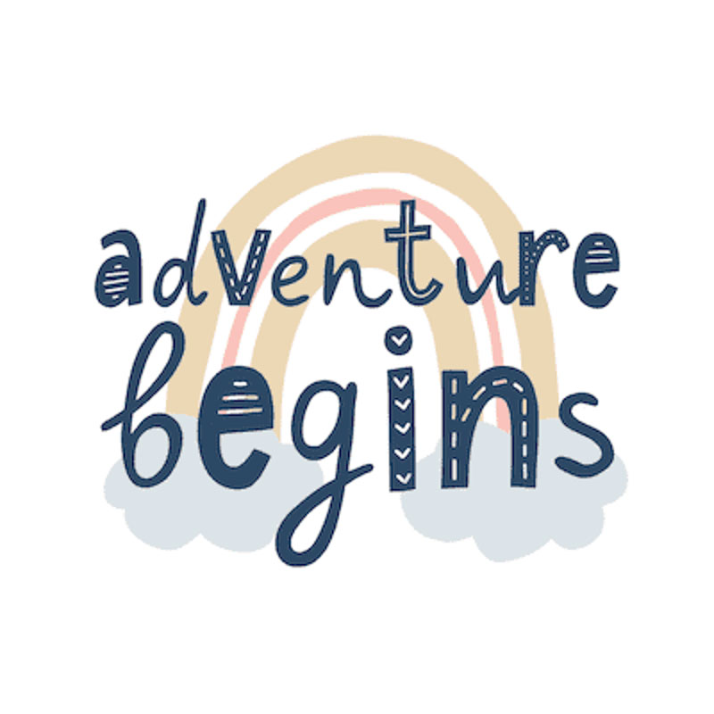 rainbow graphic with text "Adventure Begins," for DIY new family