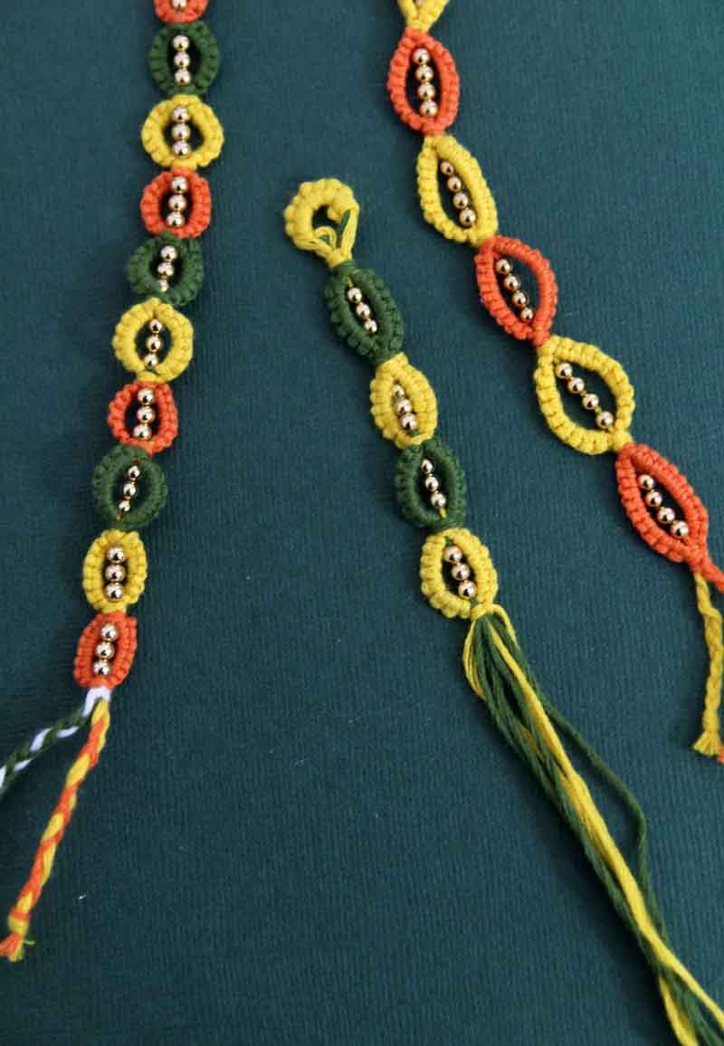 leaf patterned friendship bracelets in orange, yellow and green colors