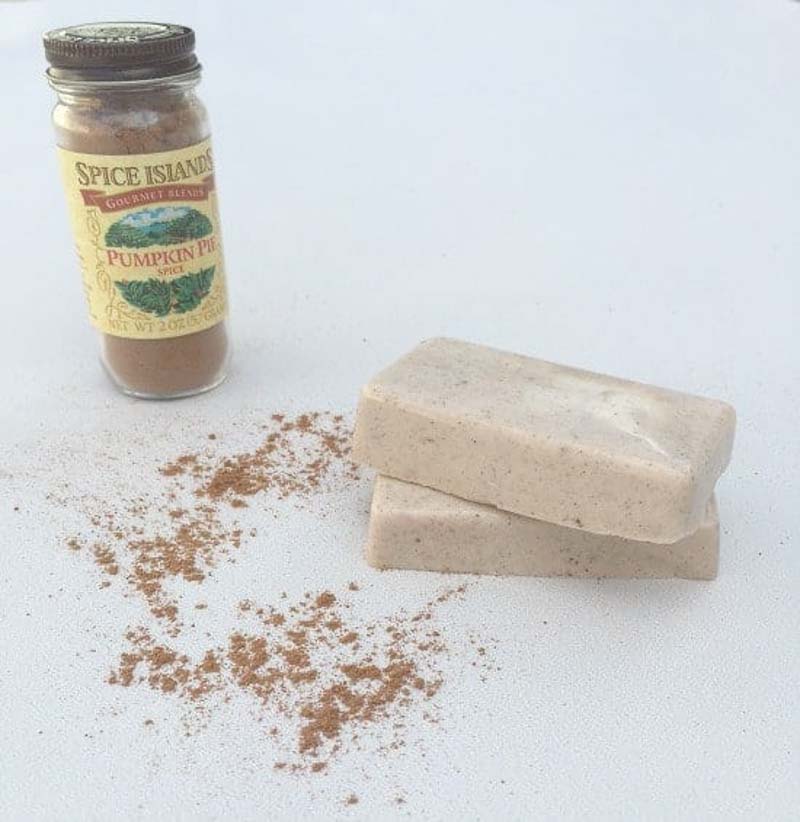 stack of two bars of pumpkin spiced goats milk homemade soap
