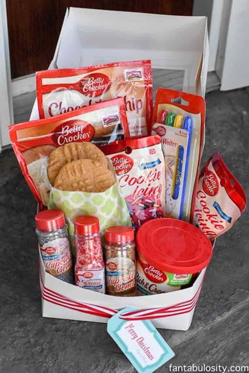 Christmas gift baskets full of Betty Crocker cake and cookie mixes, icing and sprinkles