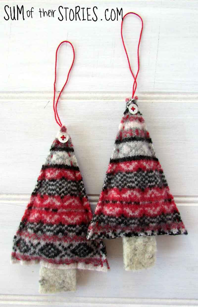 patterned felt tree ornaments made from upcycled sweaters