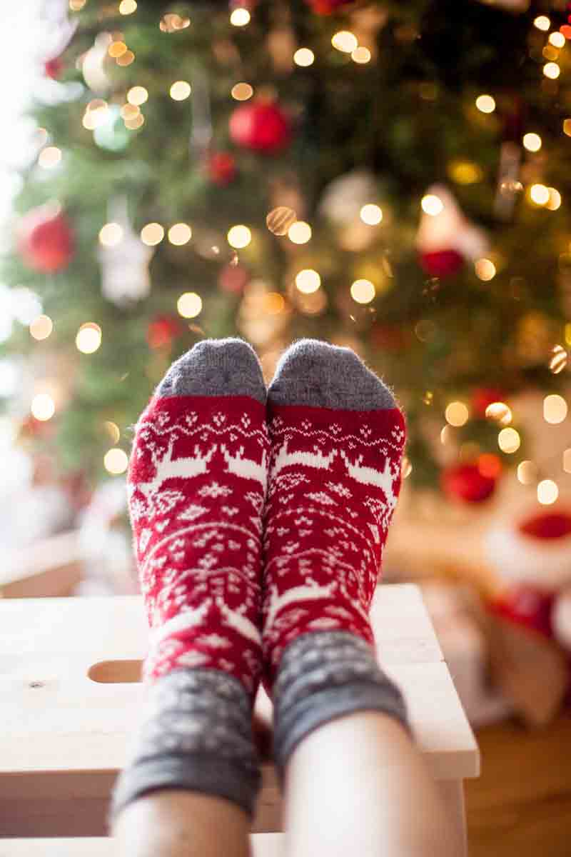 close up of woman's feet in Christmas socks