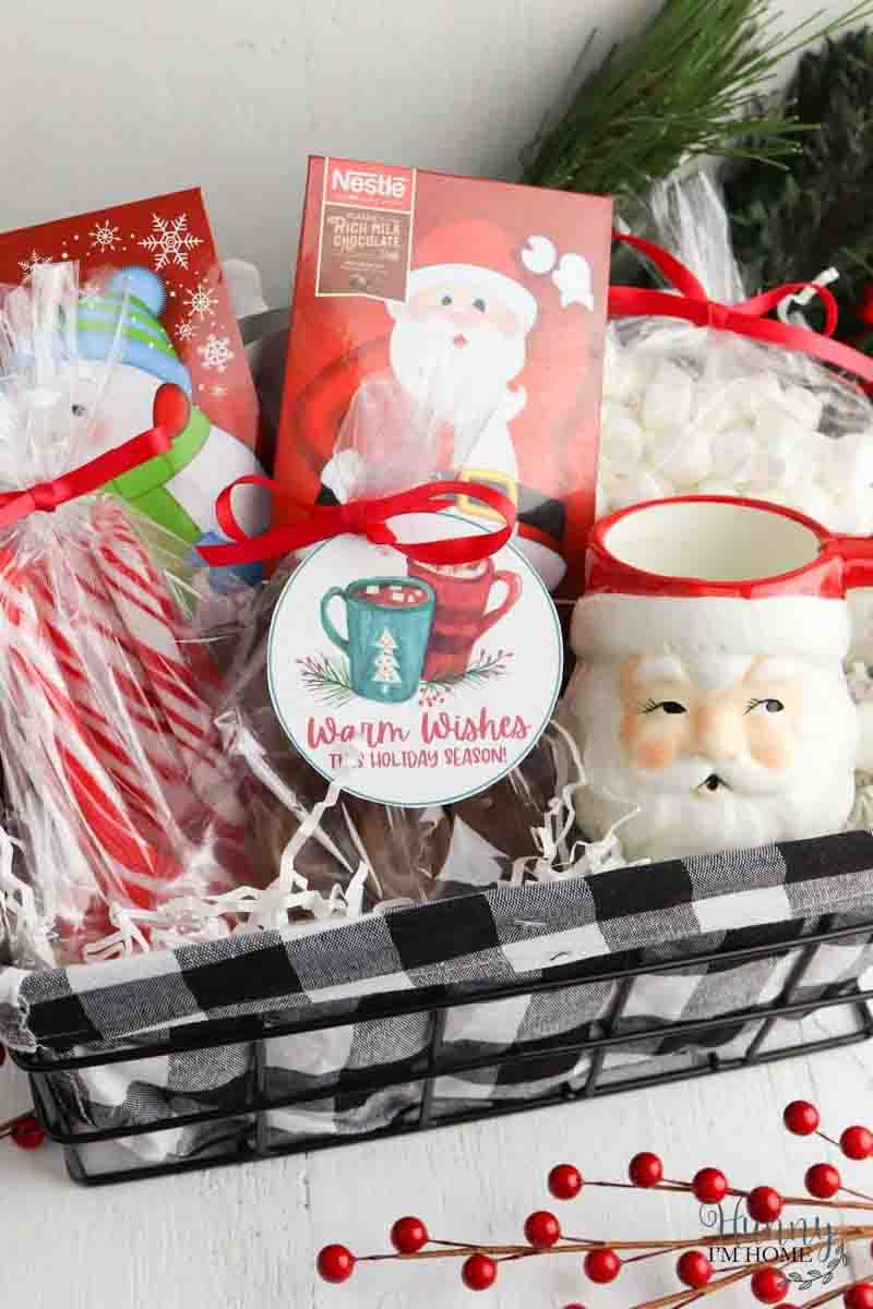 red and white themed hot cocoa Christmas gift baskets
