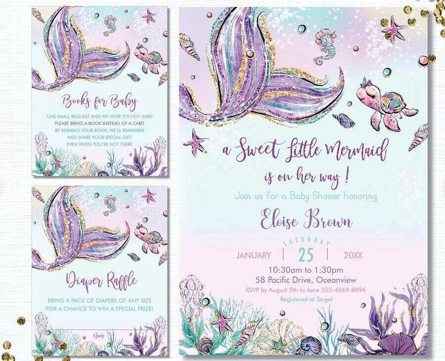 Invitation card set for a baby shower with a mermaid theme, one of the most enchanting baby shower themes for girls. The main card features a mermaid tail, sea creatures, and glittery accents with text about event details. Smaller cards include a "Books for Baby" request and a "Diaper Raffle" note, decorated with sea-themed illustrations.