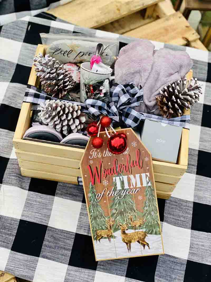 Christmas gift baskets using a wooden crate