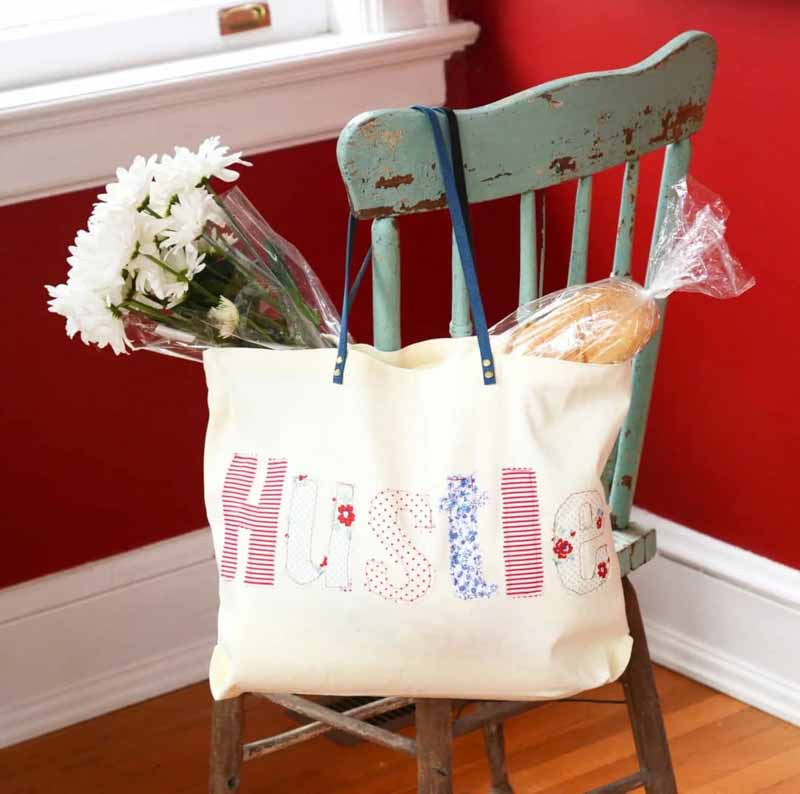 tote bag with fabric scrap applique lettering
