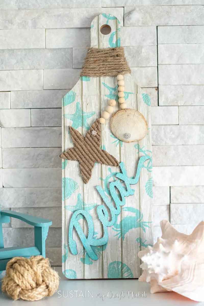 crafted cutting board decor with beach theme