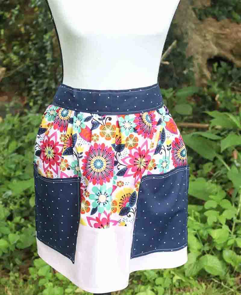 a DIY half apron with floral and blue fabrics