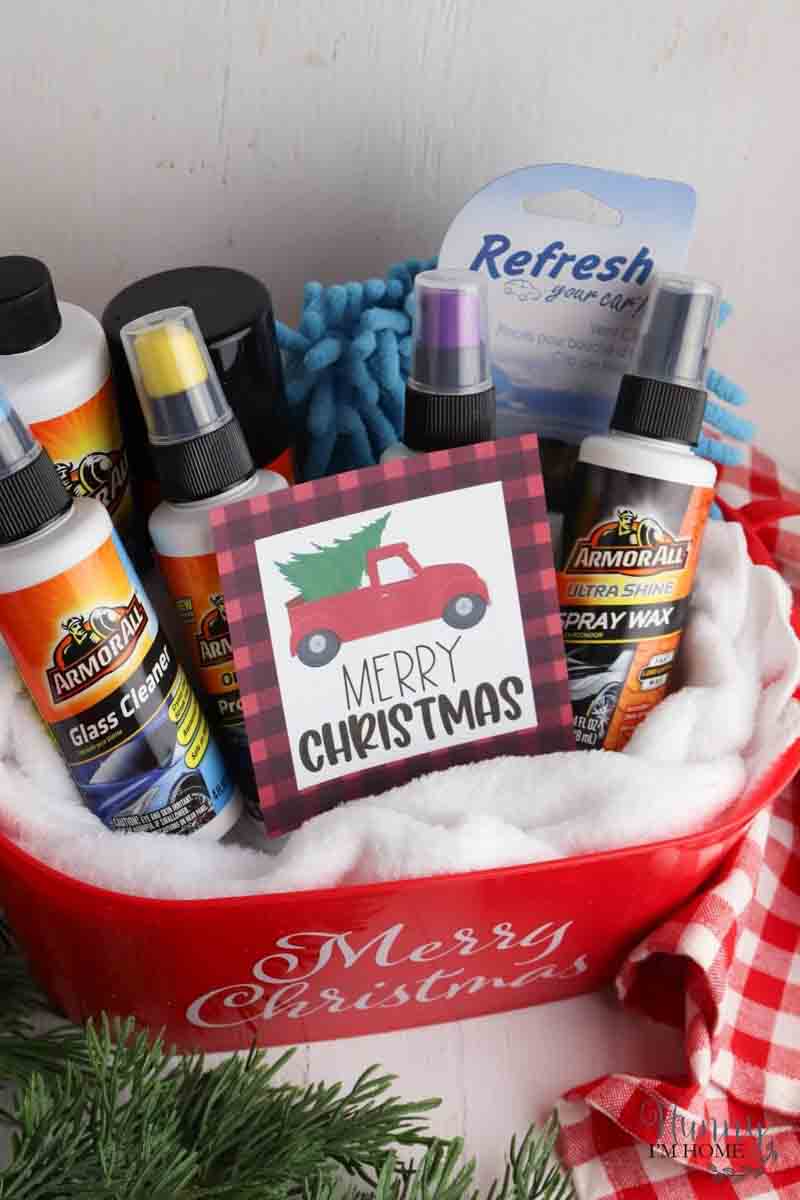 DIY Christmas gifts basket filled with car washing supplies from Dollar Tree