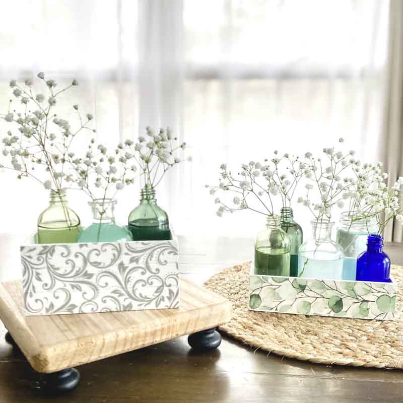 DIY Dollar Tree Christmas gifts wooden crates with bottles and flowers inside