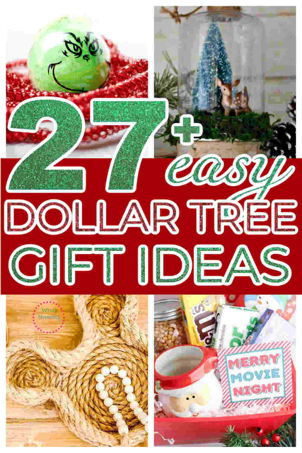 Collage of 4 DIY gift ideas with the overlaid text "27+ Easy Dollar Tree Gift Ideas"