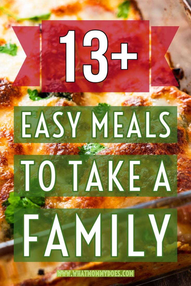 background picture of lasagna with words easy meals to take to a family on top