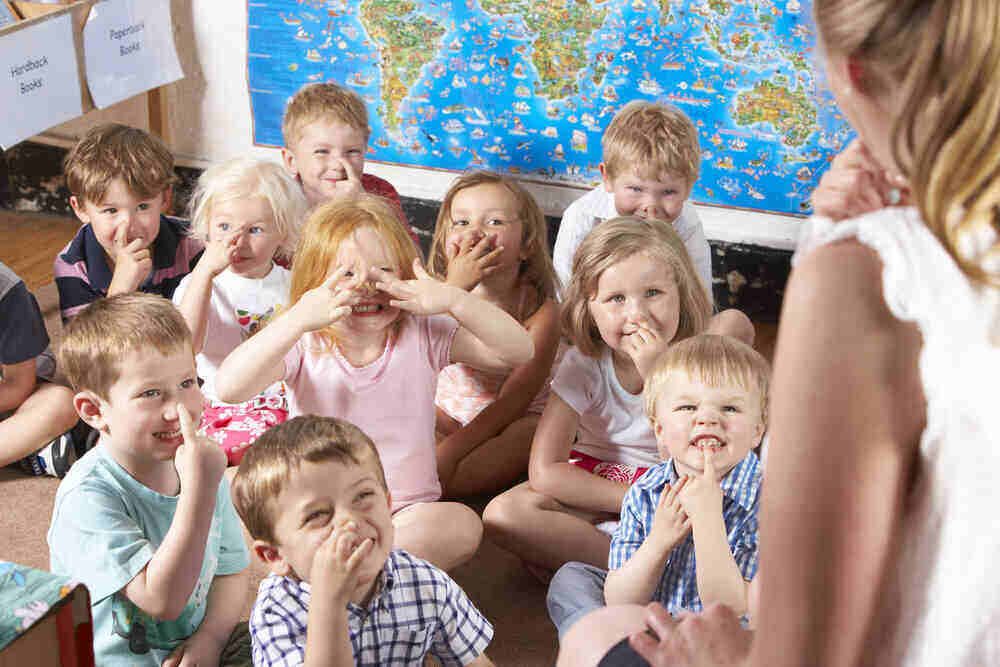 Children in Class Listening to Teacher on Carpet