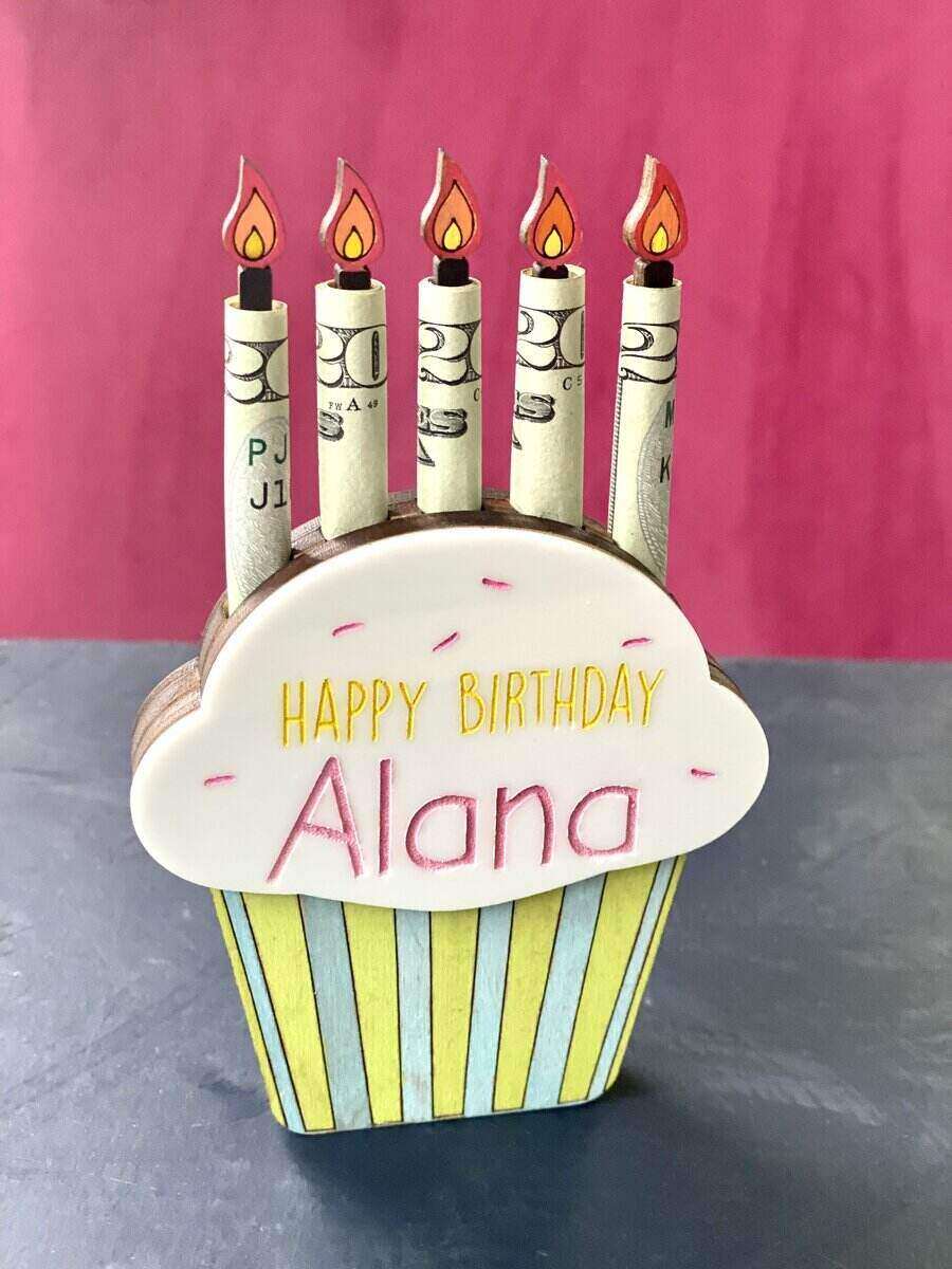 Money holder shaped like a cupcake with the holders being money rolls