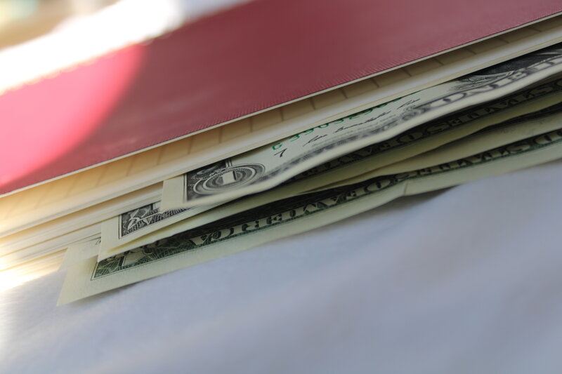 pink journal book with dollar bills hidden in it