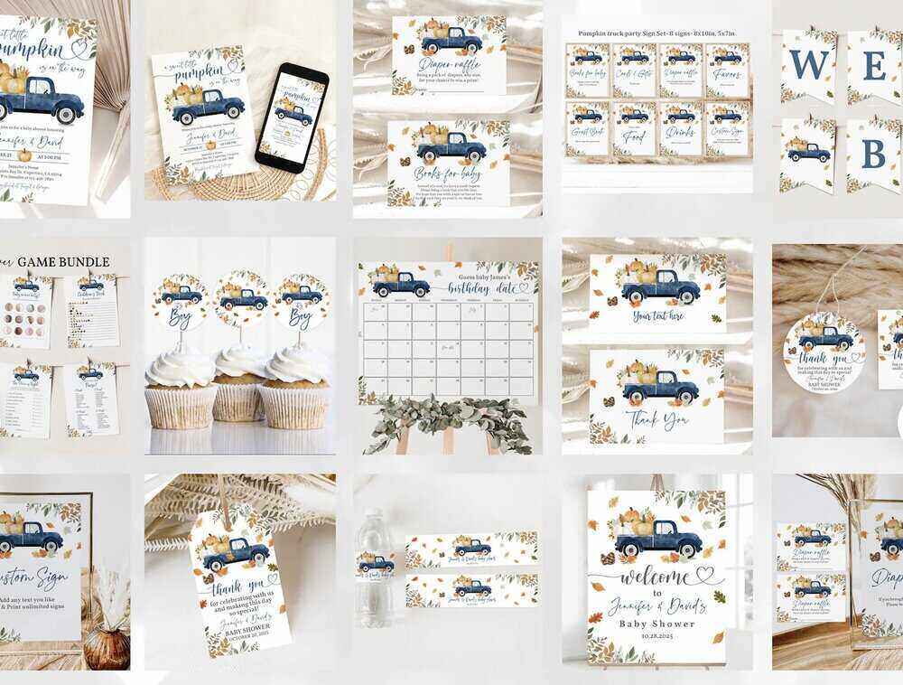 A flatlay of blue truck baby shower games party games printed out
