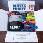 gift pack with various movie snacks in a box with the words Movie Night on it