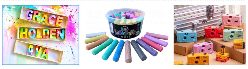 collage of 3 gift ideas - personalized crayons, chalk, and disposable cameras