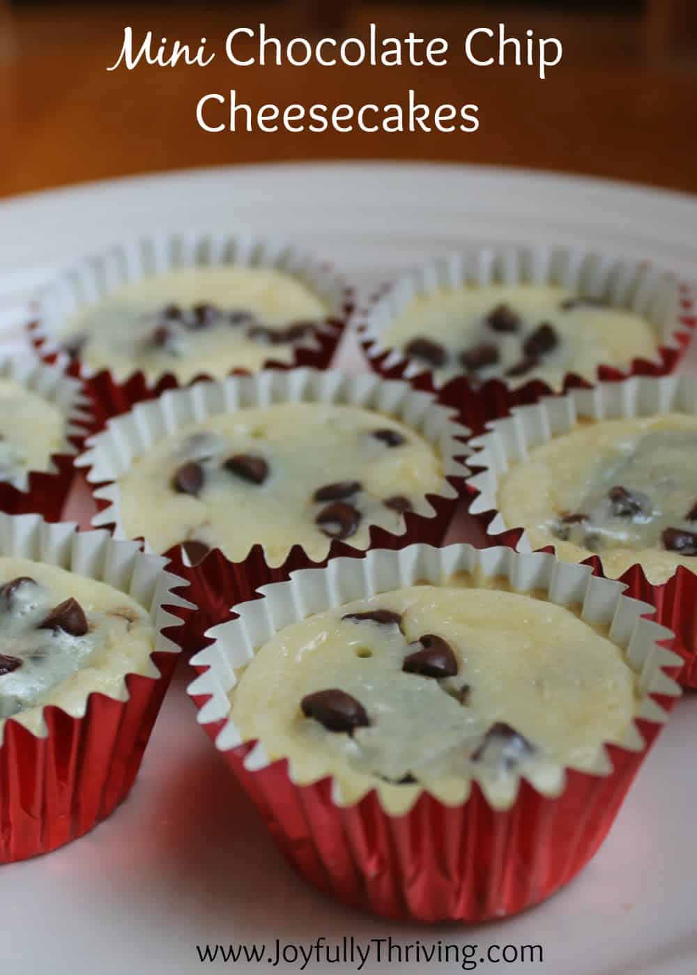 Mini cheesecakes in red cupcake liners with chocolate chips baked in.