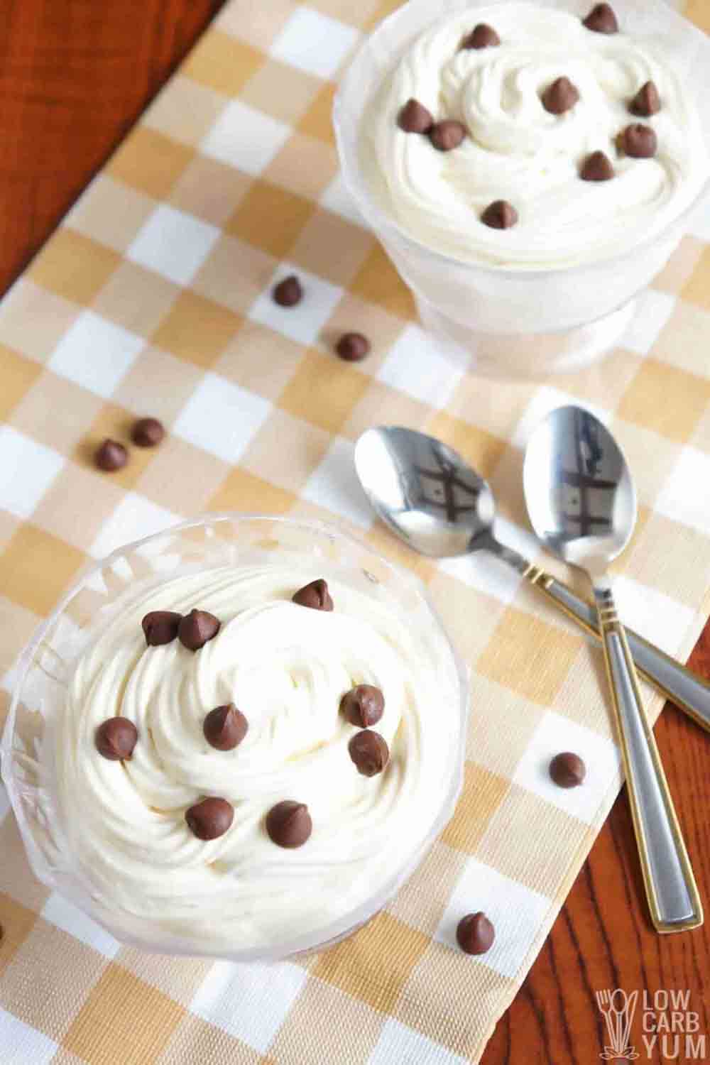 Creamy cheesecake fluff topped with chocolate chips, a light and airy option for homemade baby shower desserts.