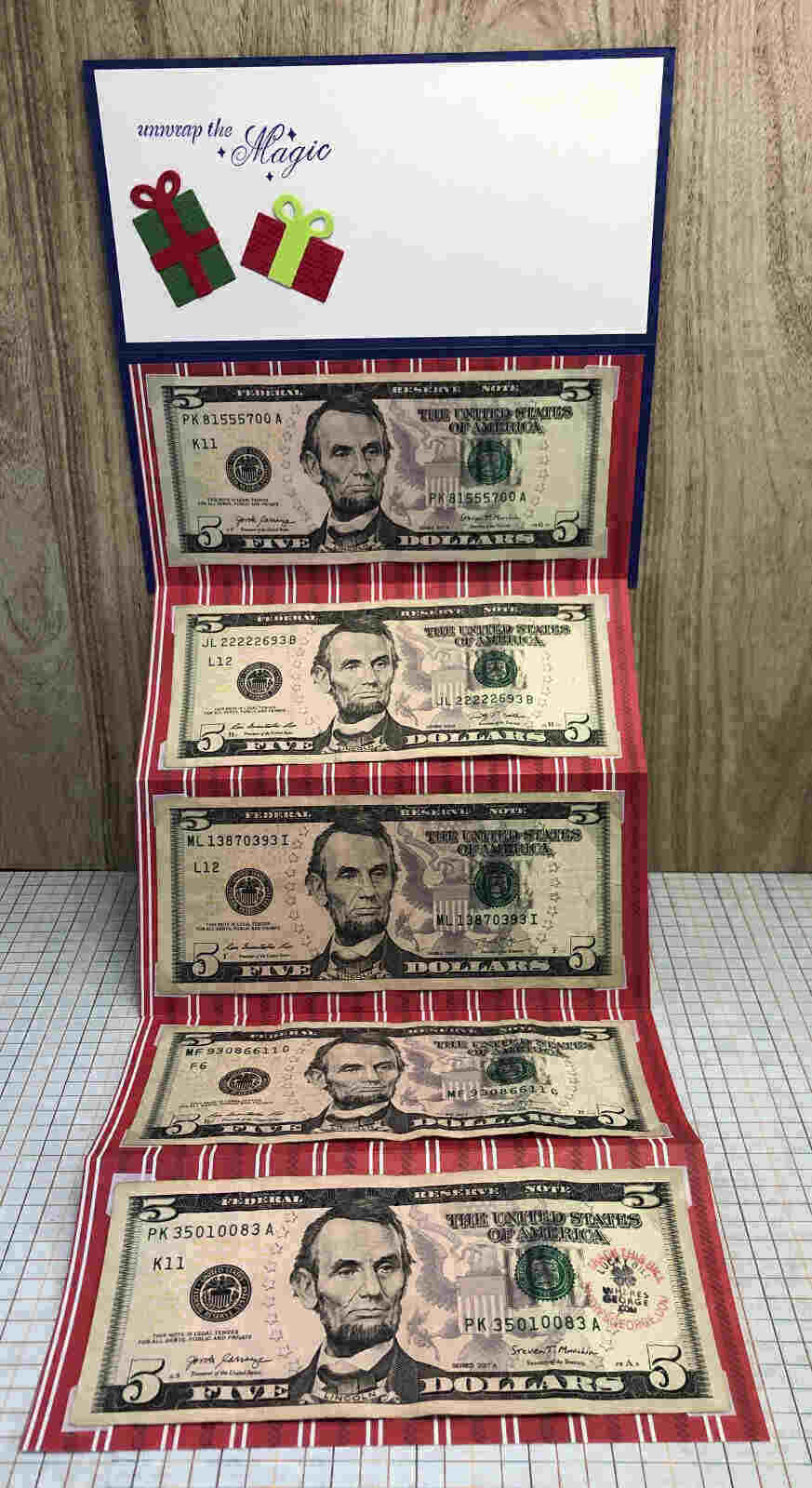 foldable accordion card with $20 on each flap for a total of $100