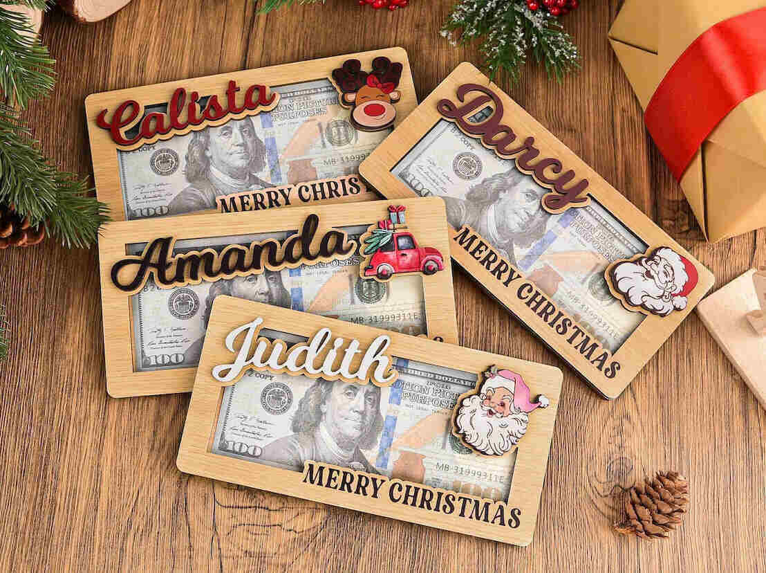 personalized wooden money holders with $100 bills inside