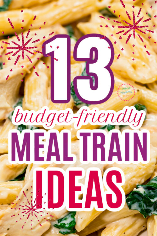 up close picture of creamy penne pasta with chicken & broccoli with overlaid text that reads "13 budget friendly meal train ideas"