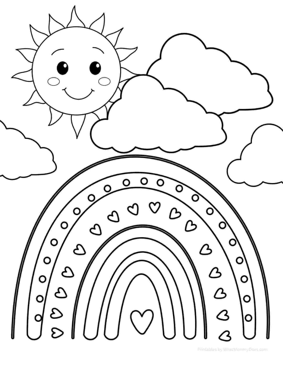 Pretty Rainbow Coloring Sheet with Smiling Sun Behind Clouds - What ...
