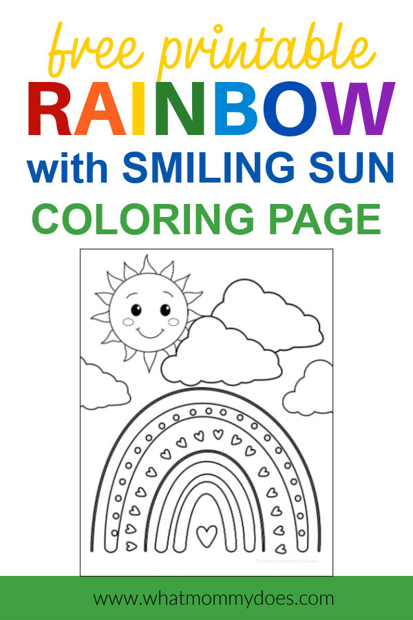 black and white coloring page with the overlaid text "free printable rainbow with smiling sun coloring page"